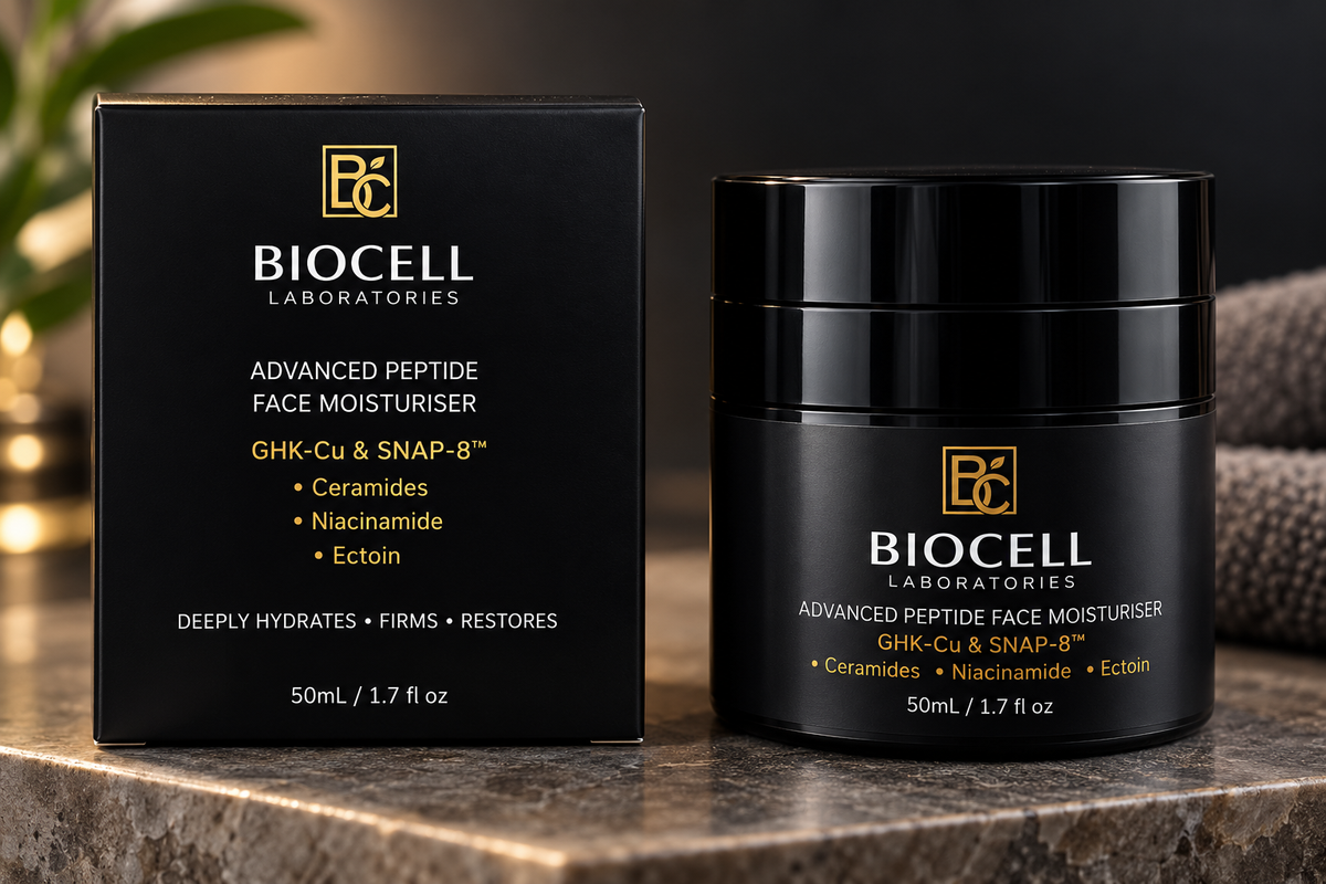 Advanced Peptide Face Moisturiser by Biocell Laboratories for smoother, hydrated, and firmer skin with a nourishing formula.