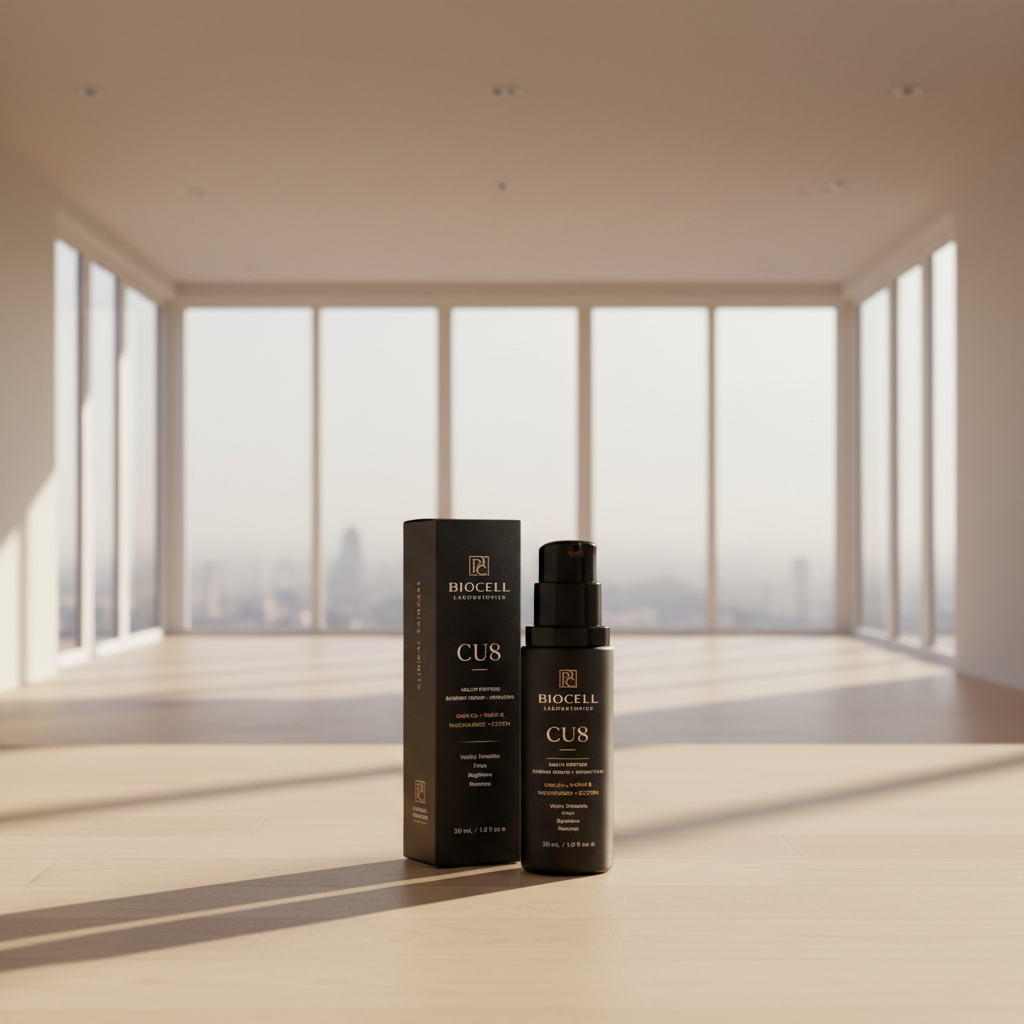 Biocell Laboratories CU8 skincare product and packaging on a dark background