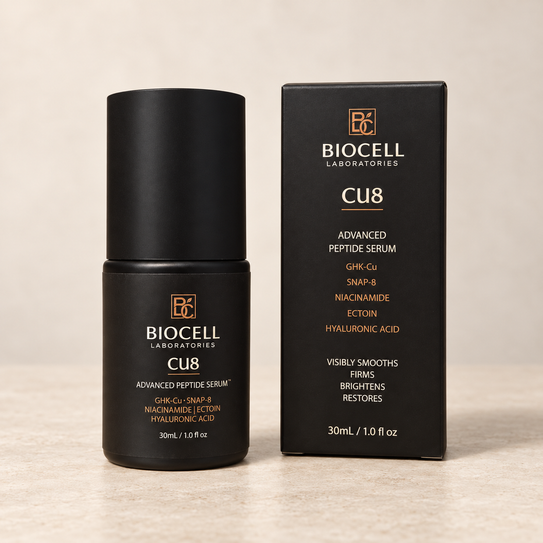CU8 Peptide Face and Neck Serum by Biocell Laboratories, designed for smoother, younger-looking skin with advanced peptides and copper technology.