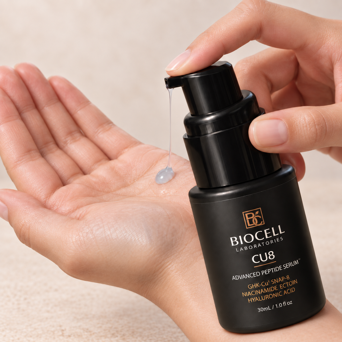 CU8 Peptide Face and Neck Serum by Biocell Laboratories, designed to visibly smooth expression lines and improve skin texture.