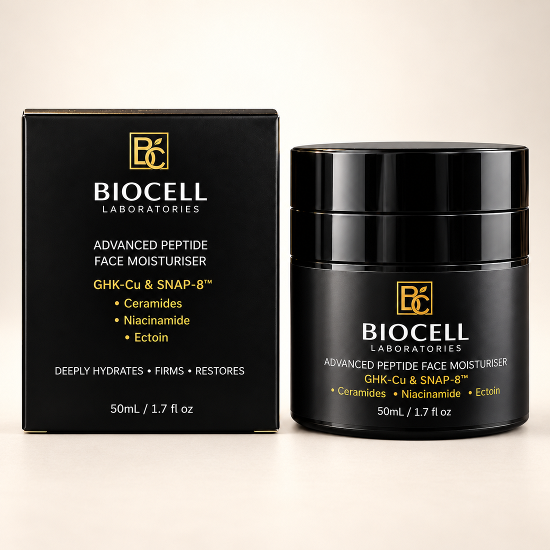 Biocell Essential Skincare Trio featuring Gentle Repair Cleanser and CU8 Advanced Peptide Serum for nourishing hydration.