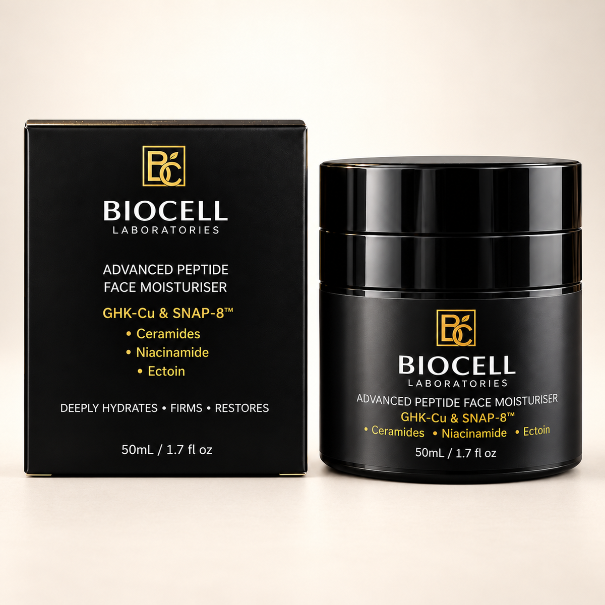 Biocell Essential Skincare Trio featuring Gentle Repair Cleanser and CU8 Advanced Peptide Serum for nourishing hydration.