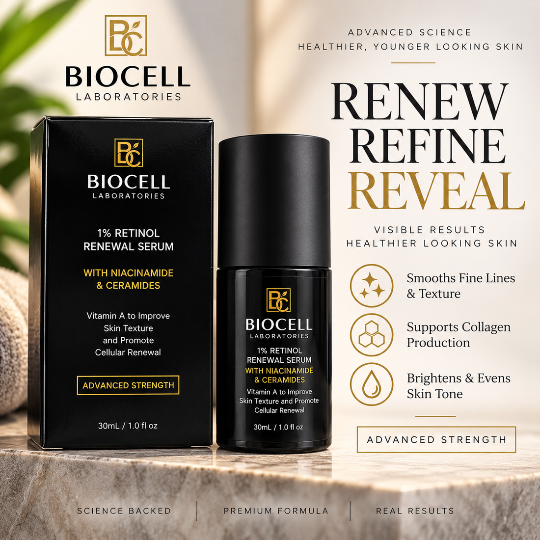 Biocell Laboratories 1% Retinol, a skincare product designed to improve fine lines, uneven texture, and enhance skin glow.