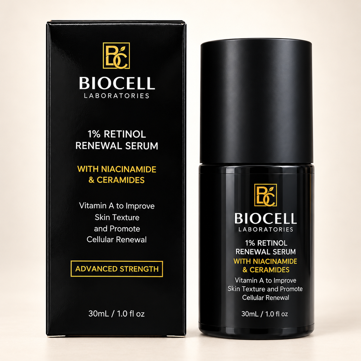 Biocell Laboratories 1% Retinol, a skincare product designed to improve fine lines and uneven texture.