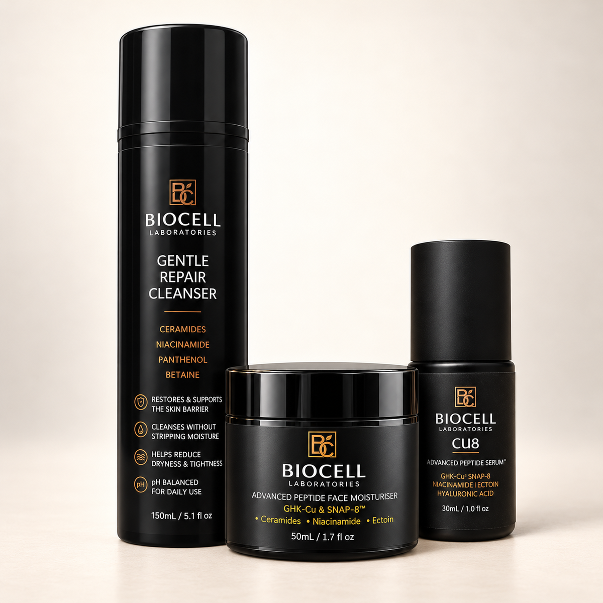 Biocell Essential Skincare Trio featuring Gentle Repair Cleanser, CU8 Advanced Peptide Serum, and Hydrating Moisturizer.